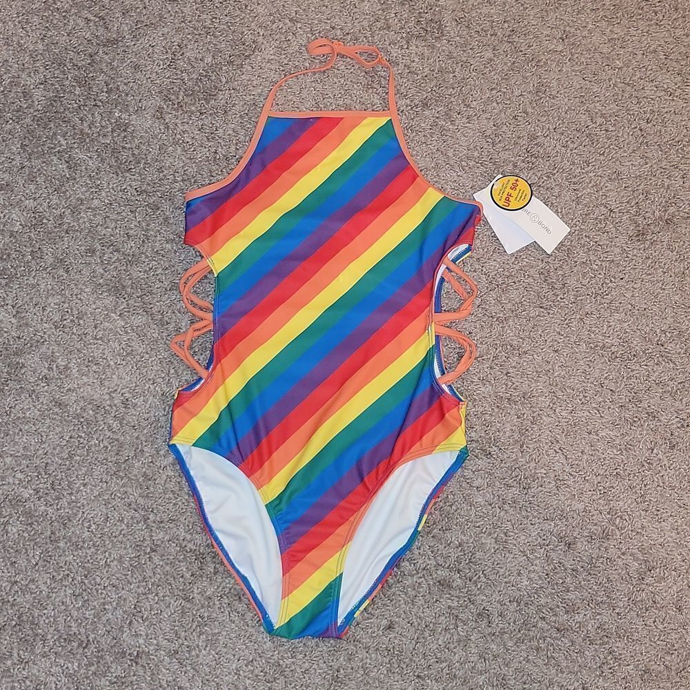 Treasure & Bond Cutout 1 Pc Swimsuit UPF 50+ Orange Vibrant Multi Stripe 🌈 14